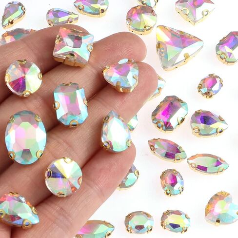 50 PCS Sew on Rhinestones Mixed Shapes Glass Rhinestones Sew on Crystal Gems Mental Flatback with Gold Claw for Jewelry Crafts Clothes DIY Craft Shoes Dress Jewelry Making Lake Blue in Saudi Arabia