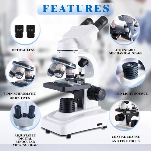 Binocular Microscope for Adults Kids Students, 64X-6000X Microscopes, 3 Objective Lens, Metal-Body Dual LED Illumination, Biological Compound Microscope Kit for School Lab, Homeschool in Saudi Arabia