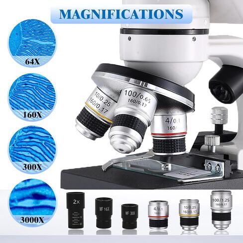 Binocular Microscope for Adults Kids Students, 64X-6000X Microscopes, 3 Objective Lens, Metal-Body Dual LED Illumination, Biological Compound Microscope Kit for School Lab, Homeschool in Saudi Arabia