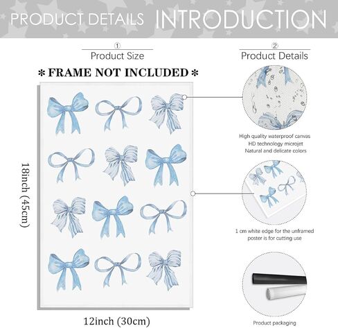 Sufeasdf Trendy Light Light Blue Bow Canvas Wall Art Watercolor Light Blue Bow Prints Painting Posters Funky Coquette Preppy Aesthetic Wall Decor Cute Apartment Decor12x18inch Unframed in Saudi Arabia