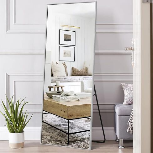 NeuType Full Length Mirror, 64" x 21" Aluminum Alloy Frame Floor Mirror with Stand, Large Bedroom Mirror, Free Standing or Wall Mounted or Leaning Against Wall, Silver in Saudi Arabia