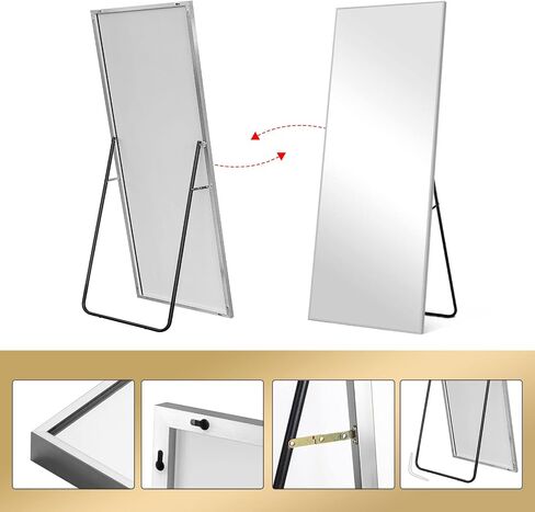 NeuType Full Length Mirror, 64" x 21" Aluminum Alloy Frame Floor Mirror with Stand, Large Bedroom Mirror, Free Standing or Wall Mounted or Leaning Against Wall, Silver in Saudi Arabia