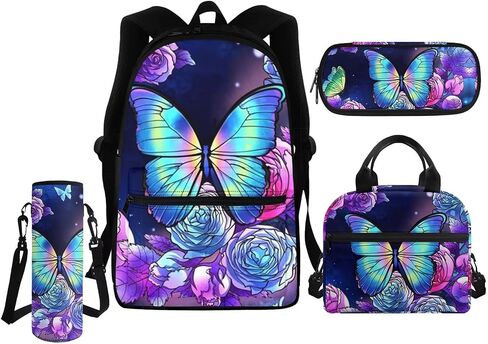 Butterfly Backpack for Girls 6-8 14-16 Kids School Bag Set with Lunchbox Pencil Case Water Bottle Sleeve Elementary Schoolbag Primary Middle School Bookbag Rose Back Pack in Saudi Arabia