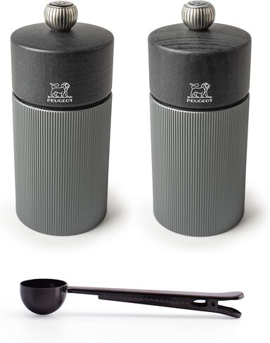 Peugeot Line Manual Salt & Pepper Mill Gift Set Carbon Graphite Aluminum, 12 cm - 4.75" With Stainless Steel Spice Scoop/Bag Clip (Salt & Pepper Mills w/Scoop) in Saudi Arabia
