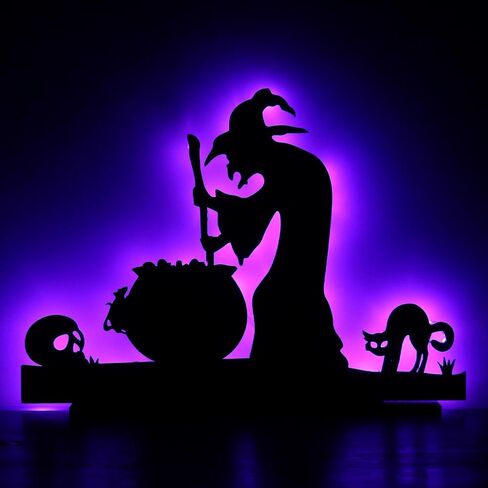 ديكورات الهالوين من RoseCraft، لافتة تزيين على سطح الطاولة على شكل ساحرة خشبية سوداء مع أضواء، من أجل ديكور حفلات الهالوين المنزلية في المزرعة. in Kuwait
