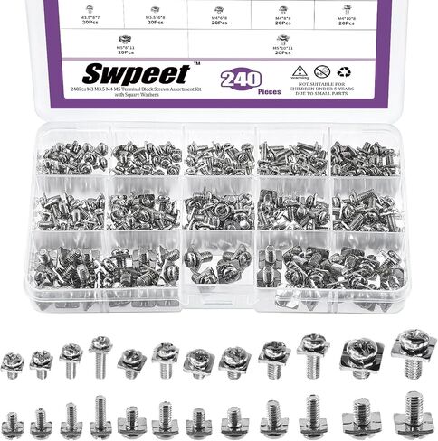Swpeet 240 قطعة 12 مقاس M3 M3.5 M4 M5 مسامير كتلة طرفية من الصلب الكربوني مع مجموعة متنوعة من الغسالات المربعة، براغي كتلة طرفية من الصلب الكربوني المطلي بالنيكل لإصلاح الأسلاك في المرافق الكهربائية in Saudi Arabia