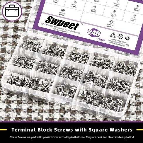 Swpeet 240 قطعة 12 مقاس M3 M3.5 M4 M5 مسامير كتلة طرفية من الصلب الكربوني مع مجموعة متنوعة من الغسالات المربعة، براغي كتلة طرفية من الصلب الكربوني المطلي بالنيكل لإصلاح الأسلاك في المرافق الكهربائية in Saudi Arabia