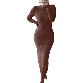 chouyatou Women's Sexy Crewneck Long Sleeve Cable Knit Bodycon Maxi Pullover Sweater Dress