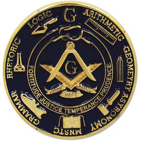 Seven Liberal Arts Working Tools Round Masonic Lapel Pin - [Blue & Gold][1'' Diameter]