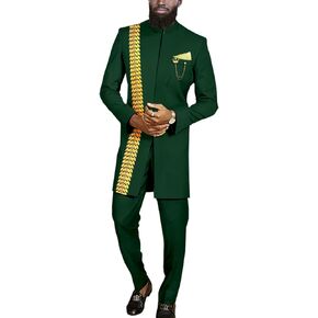 African Clothes for Men Slim Fit Embroidery Blazer and Pants Set Dashiki Outfits Jacket Chain Kerchief