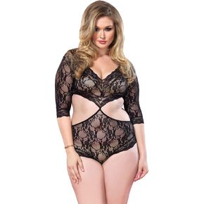 Leg Avenue womens Floral Lace Deep-v Cut Out Teddy With Full Back Panty