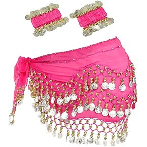 Belly Dance Hip Scarf with Bracelet, 128 Coins Belly Dance Skirt Wrap Belt, Zumba Yoga Dance Skirt Belt Waist Chain