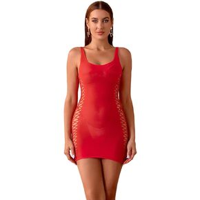 Walang Lip Women’s Sexy Fishnet Bodysuit Lingerie Bodycon Dress Scoop Neck Hollow out Mesh Babydoll Mini Dress One Size