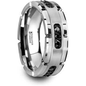Thorsten Valor Grooved Tungsten Ring Wedding Band with Silver Inlay and 1/4-Carat tw Black Diamonds 8mm
