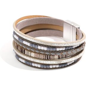 72ore Boho Leather Wrap Bracelet for Women Trendy Multicolor Bracelet Layered Leather Cuff Bracelet Handmade Braided Leather Bracelet Colorful Charm Bracelets Gifts