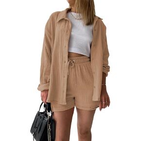 MISSFASHION قطعتين ملابس للنساء قمصان طويلة الأكمام وشورتات مجموعات القطن الكتان صالة مجموعات in Kuwait