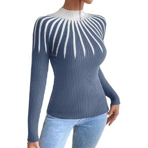 SOLY HUX Women's Color Block Mock Neck Sweater Long Sleeve Rib Knit Fitted Pullover Shirt Tops