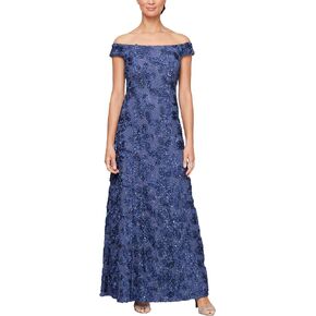 Alex Evenings Women's Long Rosette Off The Shoulder A-line Dress