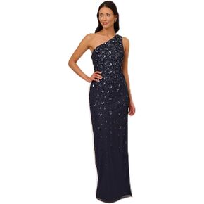 Adrianna Papell Women's One Shoulder Beaded Gown, Dusty Navy