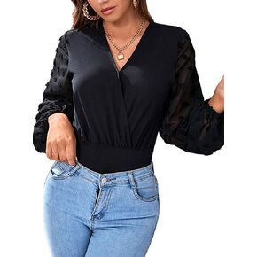 LovelyWholesale Women's Sheer Mesh Lantern Long Sleeve Bodysuit Wrap V Neck Leotard Tops in Saudi Arabia