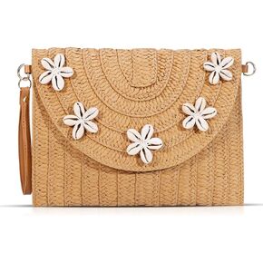 Straw Crossbody Bag for Women, Clutch Purses, Shell Embellishment Straw Bag, Bohemian Handmade Woven Handbags, Summer Beach Bag Envelope Wallet