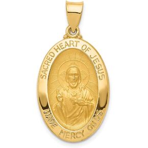 Sonia Jewels 14k Yellow Gold Sacred Heart of Jesus Medal Brushed Matte Finish Pendant Charm - 27mm x 17mm