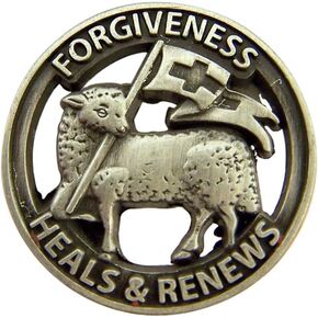 Silver Tone Forgiveness Heals and Renews Lamb of God Lapel Pin, 7/8 Inch
