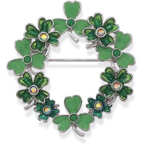 St. Patrick’s Day Wreath Pin, Austrian Crystals, 4 Leaf Lucky Clover Shamrock Brooch, Lapel Pin, Jewelry Gift for Women and Girls