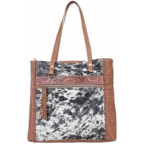 Myra Bag Cowhide Purse - Oakley Specks Cowhide Purses for Women with Floral Tooled Leather Accent, Cow Hide Purse and Canvas Tote, Cowhide Fringe Purse, Western Gifts for Women in Kuwait