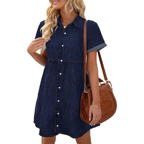 Utyful Denim Dress for Women Summer Dress Short Sleeve Button Down Tiered Babydoll Denim Jean Dress