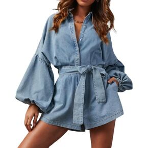 Women's Casual Denim Romper Belted Lantern Sleeve Jean Jumpsuits with Pockets
