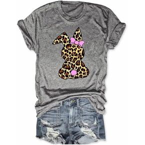 Easter Day Shirts Womens Bunny Eggs Plaid Leopard Printed T-Shirt Short Sleeve Graphic Tees Tops