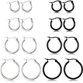 ORAZIO 8 Pairs Hoop Earrings for Women Men Stainless Steel Hooped Earrings Set(Silver-tone,4 pairs,Black-tone,4 pairs)