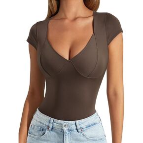 SUUKSESS Women Sexy Deep V Neck Short Sleeve Bodysuit Compression Body Suit Tops