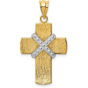 Solid 14k Yellow and White Gold Two Tone Diamond-cut Cross Pendant Charm - 33mm x 28mm
