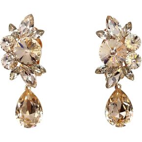 Faship Statement Premium Rhinestone Crystal Dangling Floral Clip On Earrings For Women