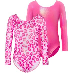 مجموعة من قطعتين من ملابس الجمباز للفتيات مقاس 7-8 سنوات من العمر سباركلي هوت بينك ملابس طويلة الأكمام للتمرين الاحترافي، ملابس داخلية لامعة باللون الوردي الفهد للأطفال، وحدة رياضية in Kuwait