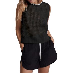 Saodimallsu Womens Summer Sleeveless Tank Tops Casual Crewneck Crochet Knit Color Block Side Split Loose Shirts