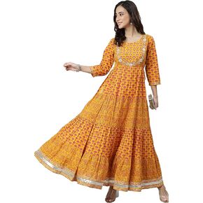 Janasya Indian Women's Mustard Cotton Floral Print Flared Kurta