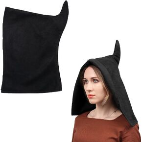 PROCOS Medieval Coif Cap for Women Faux Suede Pointed Hat 14th Century Renaissance Earflaps Open Hood