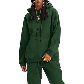 Womens 2 Piece Outfits Fleece Sweatsuit Sweatshirt & Jogger Sweatpants Set Y2K Tracksuit Set(DarkGreen-S)