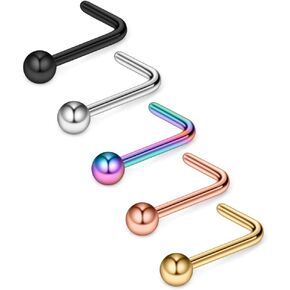 Ruifan 5PCS 22G Mix Color 316L Surgical Steel Nose L Shaped Studs Rings Curved Piercing Jewelry with 2.5mm Ball