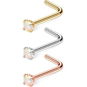 Ruifan 20G 316L Surgical Steel 2mm Opal Nose Rings Studs L-Shape Ring Body Piercing Jewelry 3PCS