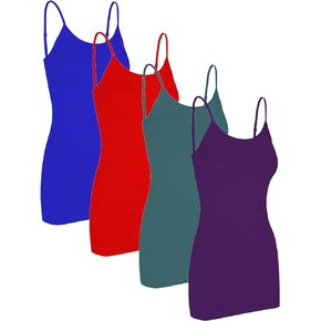 Pure Look Women's 4-Pack Spaghetti Strap Cotton Long Cami Camisole Tank Top