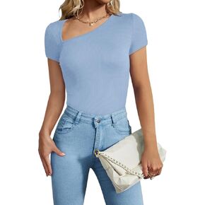 REORIA Women's Sexy Asymmetrical Neck Short Sleeve Ribbed Slimming Thong Bodysuit Tops
