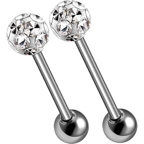 MATIGA 2Pcs Titanium 14 gauge 1.6mm 14mm 16mm Barbell Tongue Rings Piercing Jewelry Nipple 5mm Ball 6mm Ferido Crystal More Choices