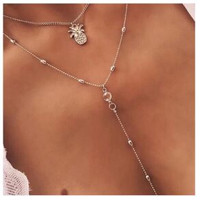 Iaceble Bohemia Layered Pineapple Necklace Choker Long Cz Crystal Y Lariat Chain Necklace Gold Cz Beaded Y Shape Necklace Chain Summer Fruit Necklace Jewelry for Women and Girls