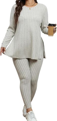 طقم ملابس نسائية مقاس كبير من Finjani كاجوال سادة مضلع وأكمام طويلة ورقبة مستديرة وحاشية مقسمة بلوزات وسراويل ملابس مكونة من قطعتين in Kuwait