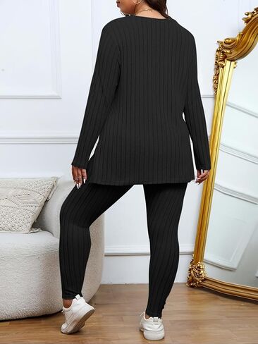 طقم ملابس نسائية مقاس كبير من Finjani كاجوال سادة مضلع وأكمام طويلة ورقبة مستديرة وحاشية مقسمة بلوزات وسراويل ملابس مكونة من قطعتين in Kuwait