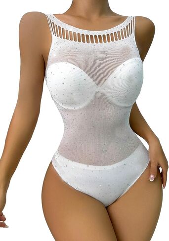 OYOANGLE Women's Sparkly Rhinestone Fishnet Mesh Cut Out Exotic Teddy Bodysuit One Piece Mini Babydoll in Saudi Arabia
